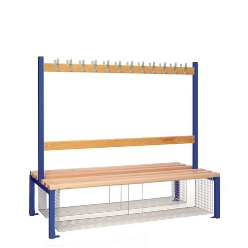 Double Sided Island Seating. 1500 mm Length, 24 Hooks. Beech Wood Slats, Mesh Shoe Tray, Dark Blue Frame