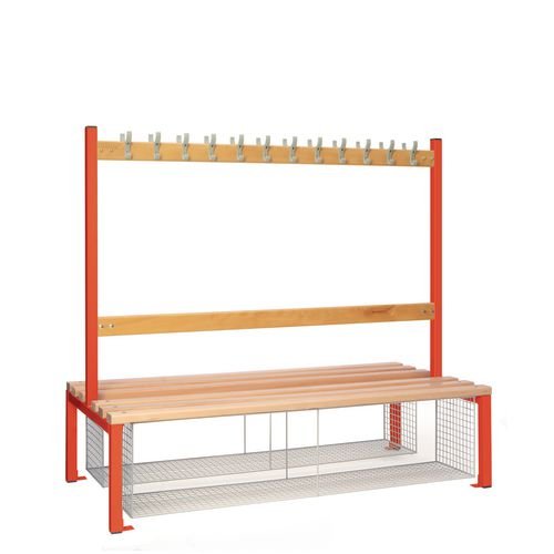 Double Sided Island Seating. 1500 mm Length, 24 Hooks. Beech Wood Slats, Mesh Shoe Tray, Red Frame