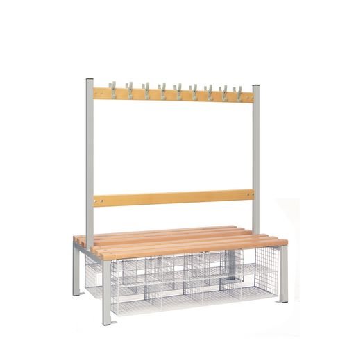 Double Sided Island Seating. 1200 mm Length, 18 Hooks. Beech Wood Slats, 16 Mesh Shoe Baskets, Grey Frame