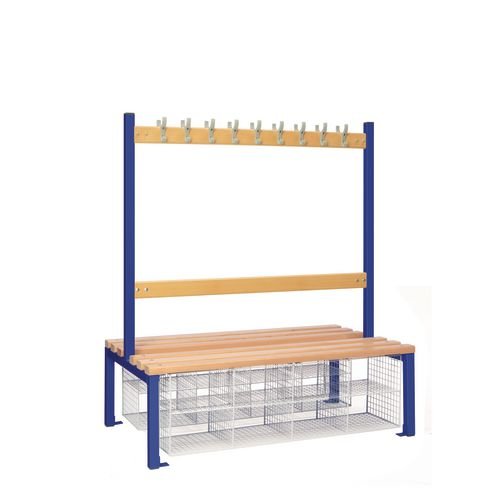 Double Sided Island Seating. 1200 mm Length, 18 Hooks. Beech Wood Slats, 16 Mesh Shoe Baskets, Dark Blue Frame