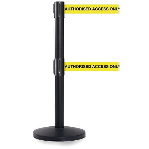 Retractable twin belt barrier with printed message