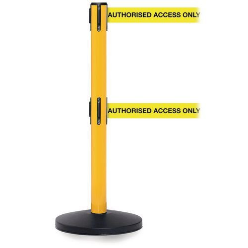 Retractable twin belt barrier with printed message