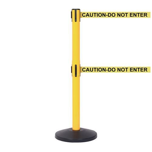Retractable twin belt barrier with printed message