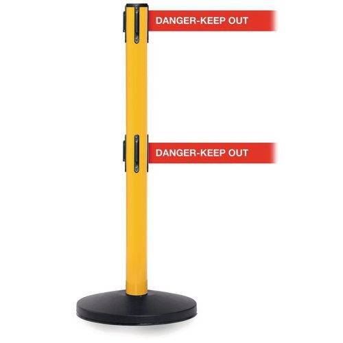 Retractable twin belt barrier with printed message