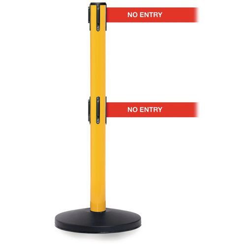 Retractable twin belt barrier with printed message