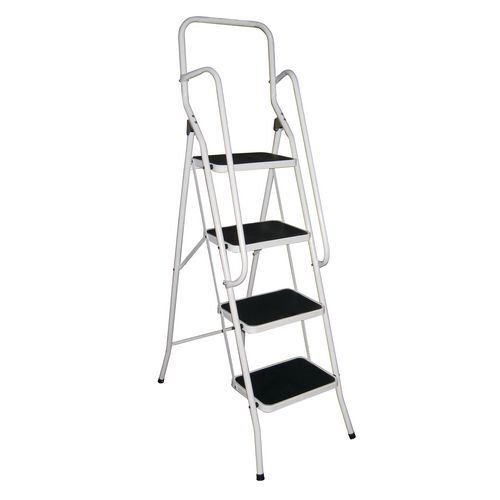 White folding step stool with handrail
