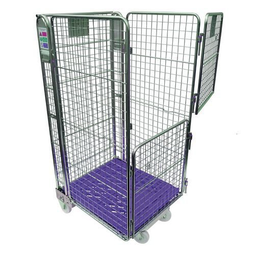 Nestable 'A' frame roll containers with mesh panels - purple plastic base