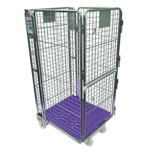 Nestable 'A' frame roll containers with mesh panels - purple plastic base