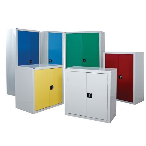 Steel workplace cupboards with coloured doors