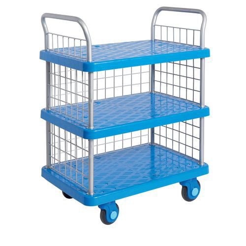 Mesh sided plastic shelf trolleys with low noise wheels