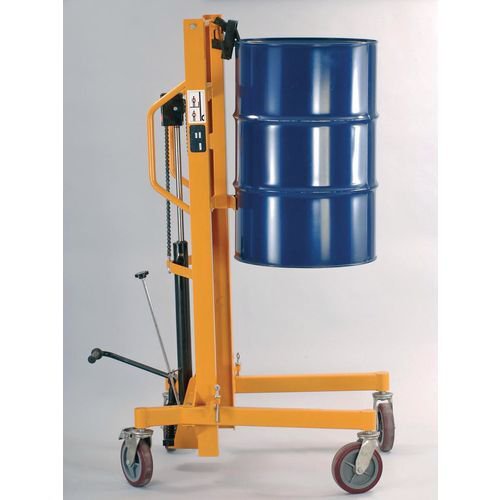 High lift hydraulic drum trolley with adjustable legs