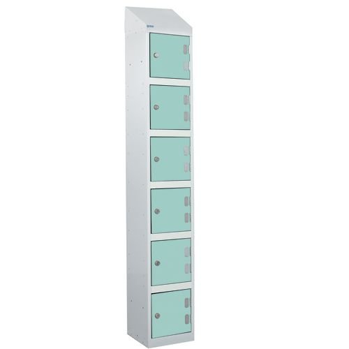 Laminate Splash Door Lockers With Sloping Top - 6 Compartment - Aquamarine Doors