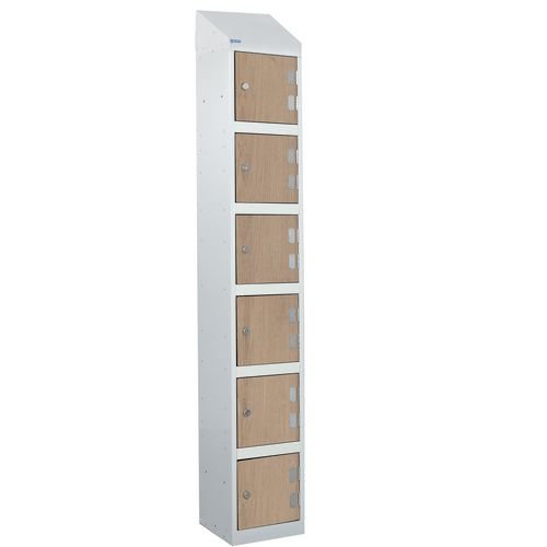 Laminate Splash Door Lockers With Sloping Top - 6 Compartment - Oak Doors