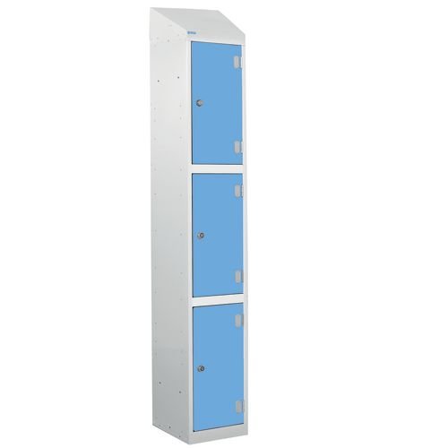 Laminate Splash Door Lockers With Sloping Top - 3 Compartment - Campanula Blue Doors