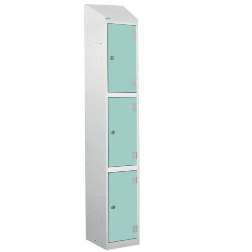 Laminate Splash Door Lockers With Sloping Top - 3 Compartment - Aquamarine Doors