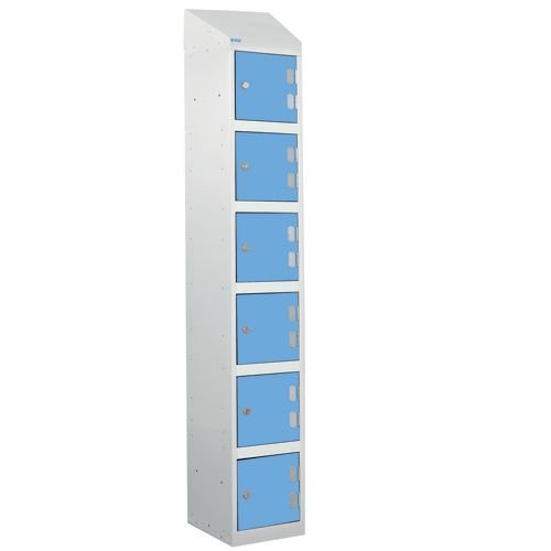 Laminate Splash Door Locker With Sloping Top - 6 Compartment - Campanula Blue Doors