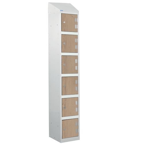 Laminate Splash Door Locker With Sloping Top - 6 Compartment - Oak Doors