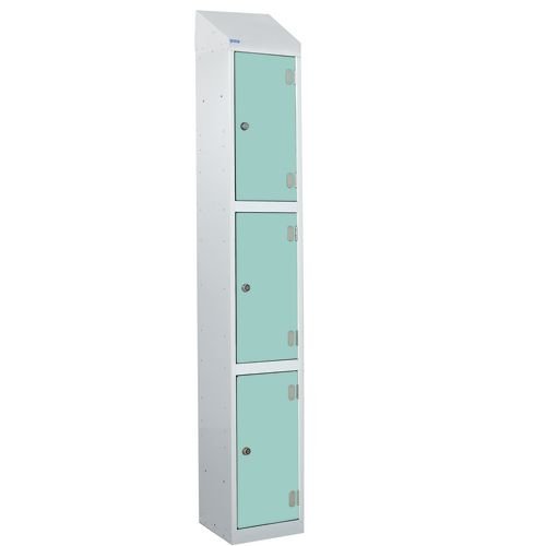 Laminate Splash Door Lockers With Sloping Top - 3 Compartment - Aquamarine Doors