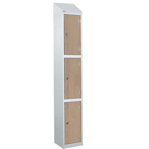 Laminate Splash Door Lockers With Sloping Top - 3 Compartment - Oak Doors