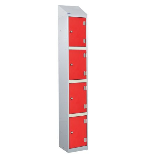 Laminate Splash Door Lockers With Sloping Top - 4 Compartment - Spectrum Red Doors