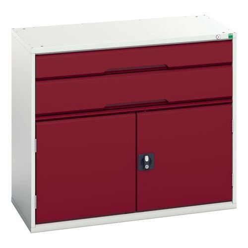 Verso Static Grey/Red Drawer Cabinet H X W X D 900 X 1050 X 550 With 2 Drawers & Cupboard