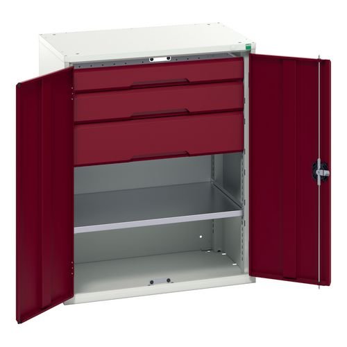 Kitted Cupboard  Red/Grey 800 Wide 3 Drawers 1 Shelf
