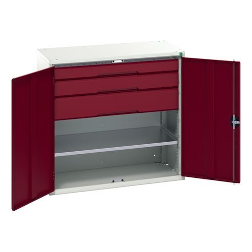 Kitted Cupboard Red/Grey 1050 Wide 3 Drawers 1 Shelf