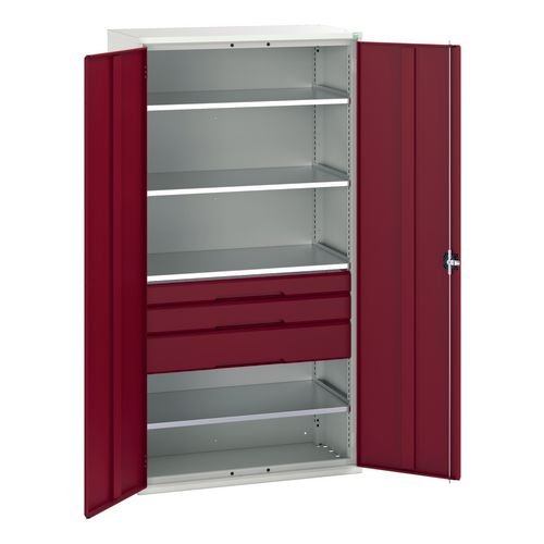 Kitted Cupboard Red/Grey 1050 Wide  3 Drawers 4 Shelves