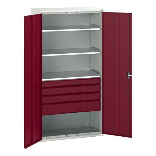 Kitted Cupboard Red/Grey 1050 Wide 4 Drawers 3 Shelves
