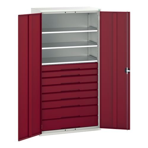 Kitted Cupboard Red/Grey 1050 Wide 8 Drawers 3 Shelves