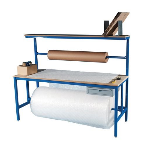 1800mm X 600mm  X 900mm Mdf Top Packing Workbench With Mdf Upper Shelf, Drawer, 2 Rolls