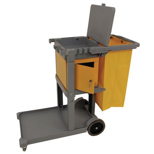 Multi-purpose cleaning trolley complete with bag and lockable box