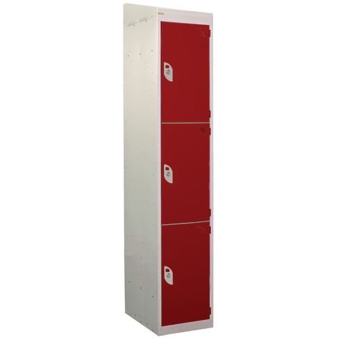 Standard Locker - With Sloping Top 1800.300.300 - 3 Compartment - Red Doors