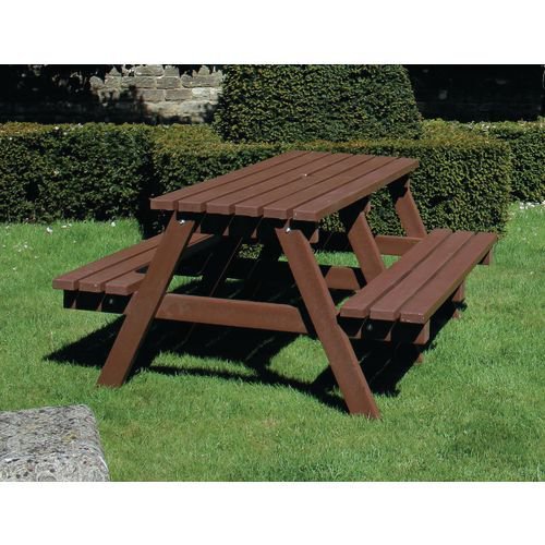 Recycled plastic outdoor picnic tables, 1.8m wide brown