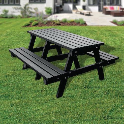 Recycled plastic outdoor picnic tables, 1.8m wide black