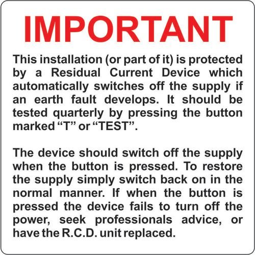 Important Rcd Test Label - Pack Of 5 Sapp  (75 X 75mm)