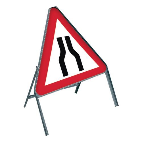 600mm Tri. Temporary Sign & Frame - Road Narrows Both Lanes