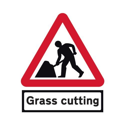 Road Works & Grass Cutting Supp Plate - Classic Roll Up Traffic Sign (750mm Tri)