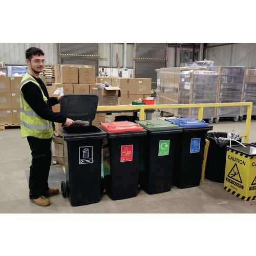 Recycling wheelie bins with colour coded lids and stickers - set of 4