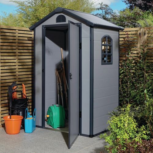 Plastic garden storage shed with single door