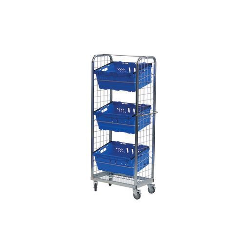 Order picking and display trolley with adjustable shelves