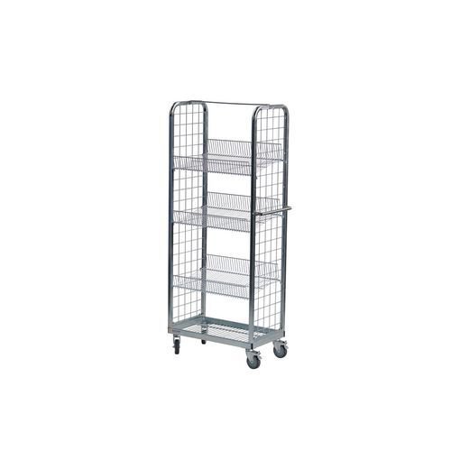 Order picking and display trolley with adjustable shelves