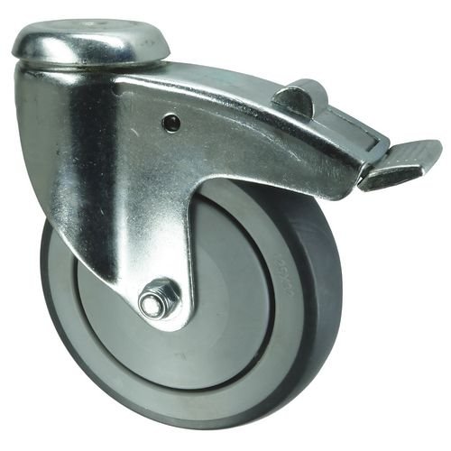 Swivel Castor, Braked, Single Hole Fixing, 100mm  Dia, Grey Thermoplastic Rubber Tyred Nylon Wheel Ball Journal Bearing