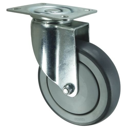 Swivel Castor, Plate Fixing, 125mm Dia, Grey  Thermoplastic Rubber Tyred Nylon Wheel Ball Journal Bearing