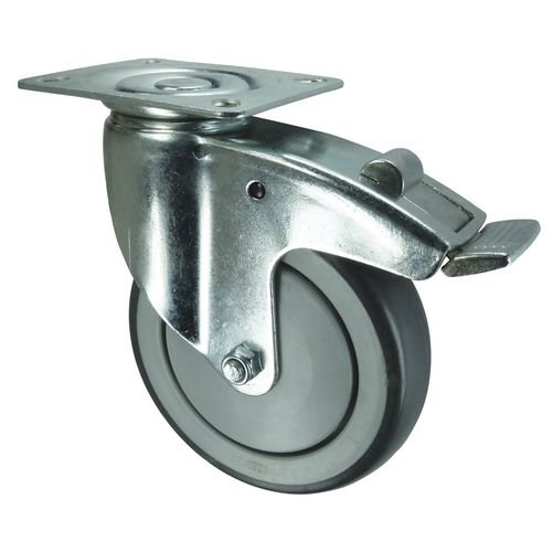 Swivel Castor, Braked, Plate Fixing, 100mm Dia,  Grey Thermoplastic Rubber Tyred Nylon Wheel Ball Journal Bearing