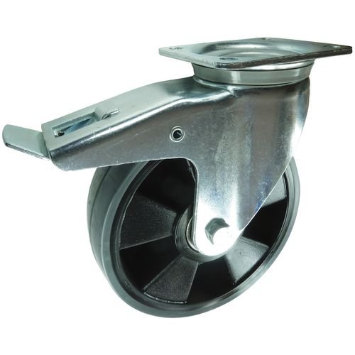 Plate Fixing Braked Swivel Castor 160mm  Grey Polyurethane Tyred Nylon Wheel Ball Journal Bearing