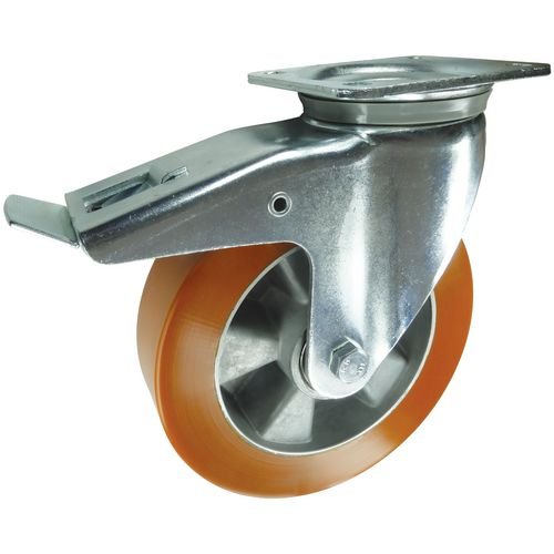 Plate Fixing Braked Swivel Castor 100mm  Polyurethane Tyred Aluminium Wheel Ball Journal Bearing