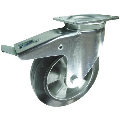 Plate Fixing Braked Swivel Castor 125mm  Rubber Tyred Aluminium Wheel Ball Journal Bearing