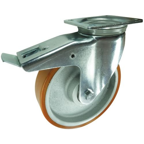 Plate Fixing Braked Swivel Castor 125mm  Polyurethane Tyred Cast Iron Wheel Ball Journal Bearing