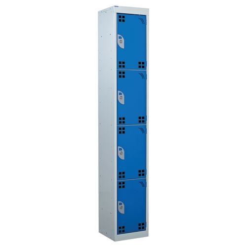 Perforated Door Tool Locker - 4 Compartments,  Standard Plug - Blue Door + Cam Lock - 1800H X 300W X 450D mm